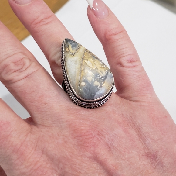 Stunning Handmade Natural Maligano Jasper Gem 925 Vintage Goth Antique Ring - Picture 6 of 14